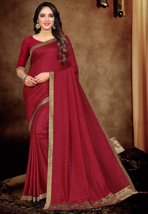 MAROON Ready to Wear Women's Free Size Satin Silk Solid Sari