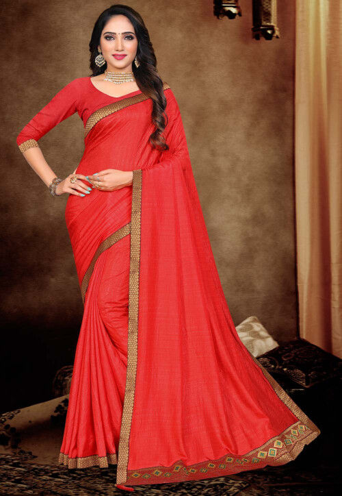 Red Party Wear Plain Saree In Georgette