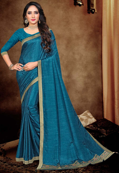 Royal blue plain satin saree with gray colour saree blouse