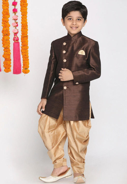 Solid Color Art Silk Dhoti Sherwani in Brown