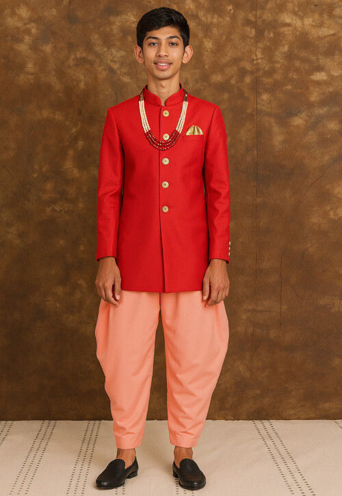 Solid Color Art Silk Sherwani in Coral Red
