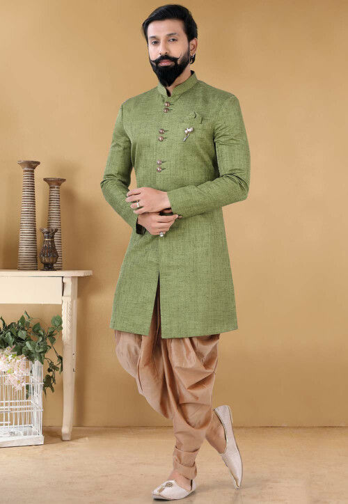 Solid Color Art Silk Sherwani in Green