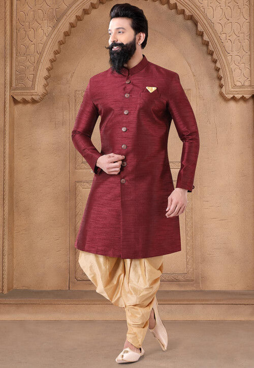 Solid Color Art Silk Sherwani in Maroon