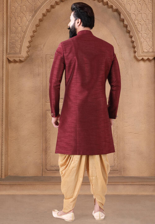 Solid Color Art Silk Sherwani in Maroon