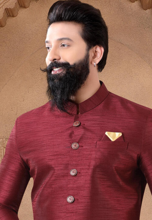 Solid Color Art Silk Sherwani in Maroon
