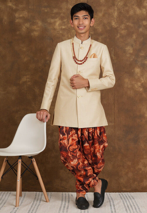 Solid Color Art Silk Sherwani in Off White