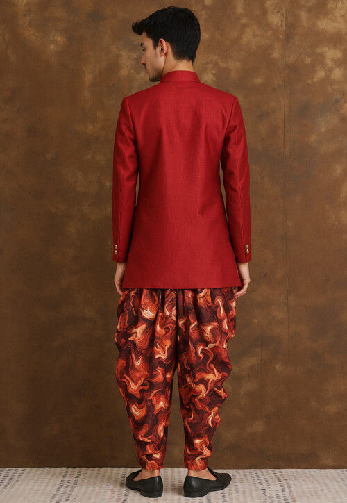 Solid Color Art Silk Sherwani in Red