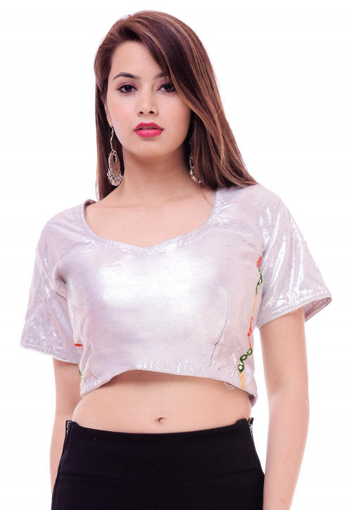 Solid Color Art Silk Shimmer Blouse in Silver