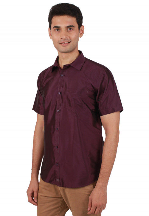 Solid Color Art Silk Shirt in Wine Purple