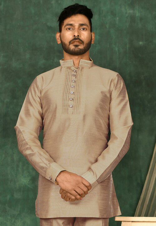Solid Color Art Silk Short Kurta in Beige