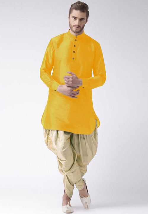 Solid Color Art Silk Straight Dhoti Kurta in Yellow