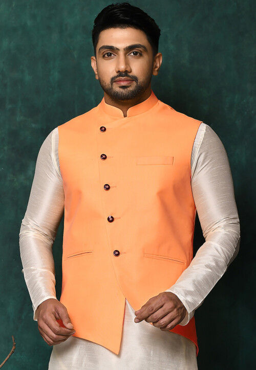 Solid Color Asymmetric Cotton Nehru Jacket in Orange