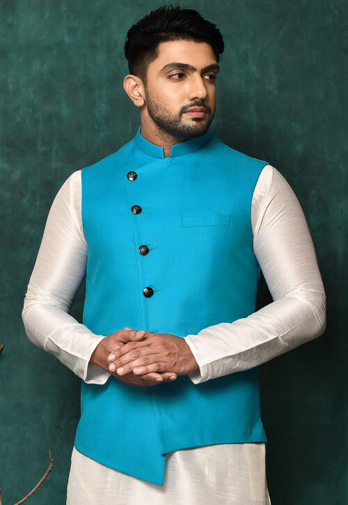 Blue cotton nehru jacket outlet
