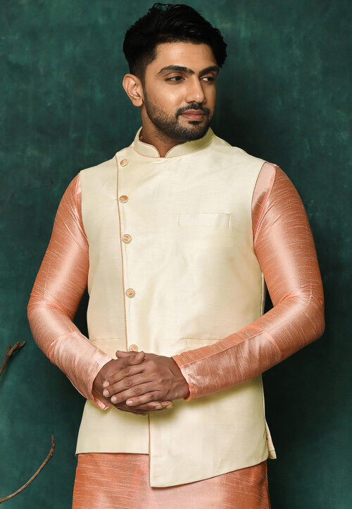 Solid Color Asymmetric Dupion Silk Nehru Jacket in Off White