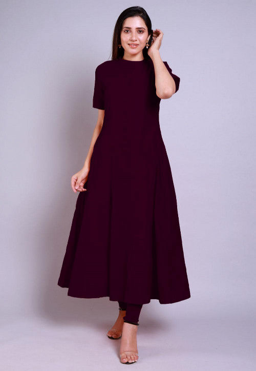 Solid Color Chanderi Cotton Anarkali Kurta Set in Wine