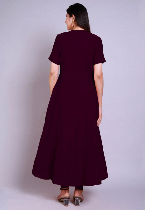 Solid Color Chanderi Cotton Anarkali Kurta Set in Wine