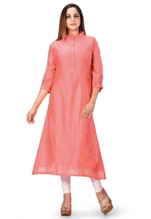Solid Color Chanderi Cotton Straight Kurta in Peach