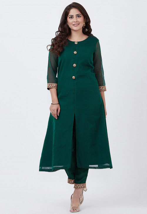 Solid Color Chanderi Silk A Line Kurta Set in Dark Green : TBY22