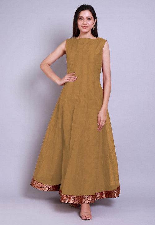 Solid Color Chanderi Silk Anarkali Kurta Set in Beige
