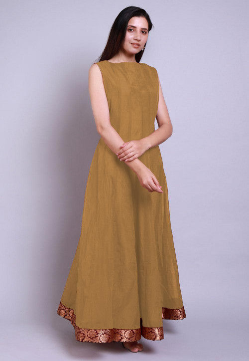 Solid Color Chanderi Silk Anarkali Kurta Set in Beige