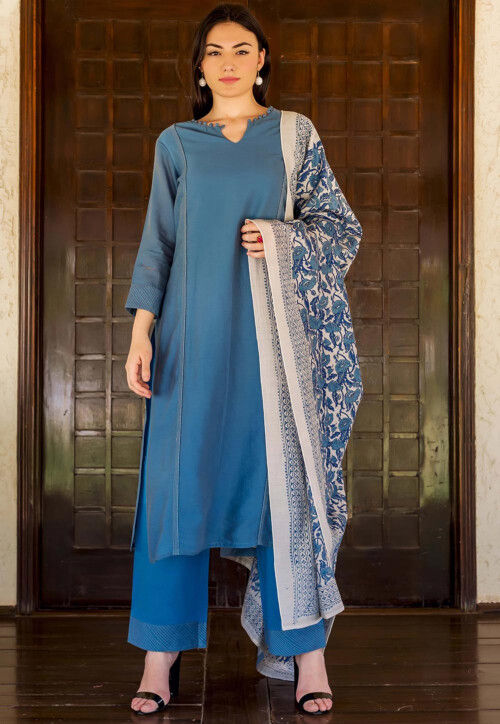 Solid Color Chanderi Silk Pakistani Suit in Dark Blue