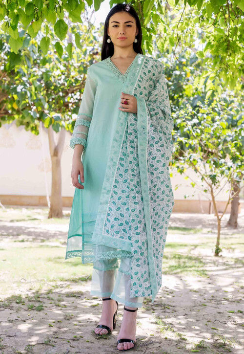 Solid Color Chanderi Silk Pakistani Suit in Sea Green