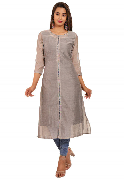 Solid Color Chanderi Silk Straight Kurta in Light Grey
