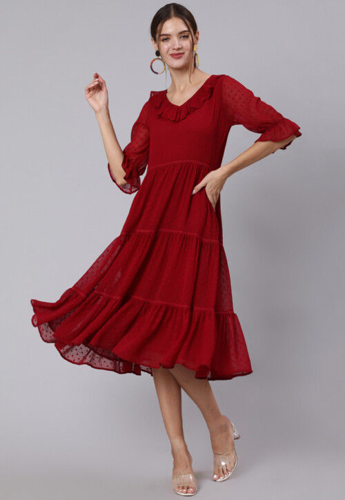 Dobby Printed Maroon A Line Dress