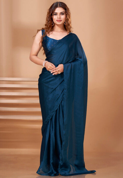 Solid Color Chiffon Shimmer Saree in Teal Blue : SYLA660