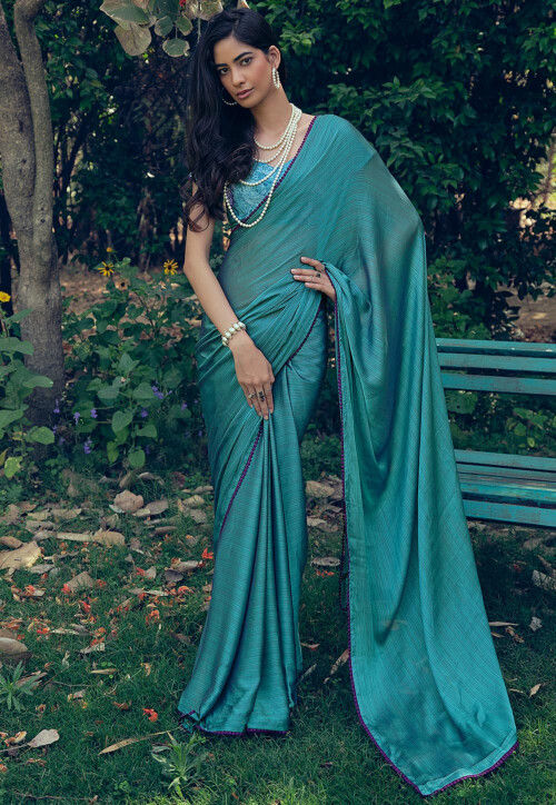 Solid Color Chiffon Shimmer Saree in Teal Blue