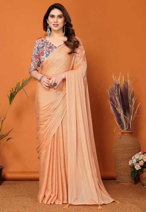 Solid Color Chinon Silk Saree in Peach