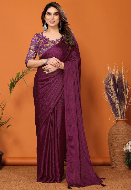 Solid Color Chinon Silk Saree in Wine