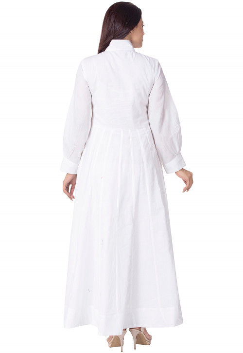 Solid Color Cotton Abaya Style Suit in White : KJN3273