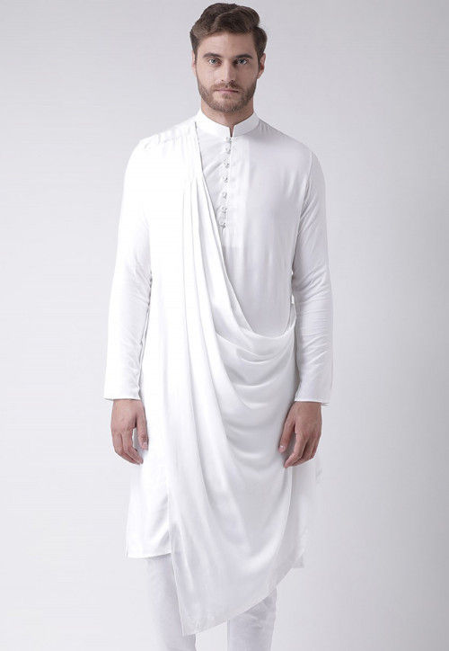 Buy Solid Color Cotton Asymmetric Cowl Style Kurta in White Online