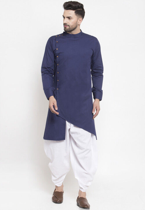 Solid Color Cotton Asymmetric Dhoti Kurta in Navy Blue