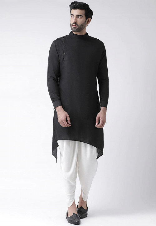 Buy Solid Color Cotton Asymmetric Dhoti Kurta Set in Black Online ...