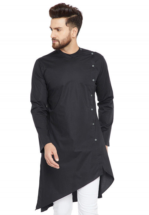 Solid Color Cotton Asymmetric Kurta in Black
