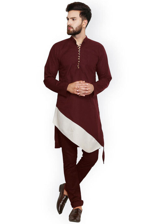 Solid Color Cotton Asymmetric Kurta in Maroon
