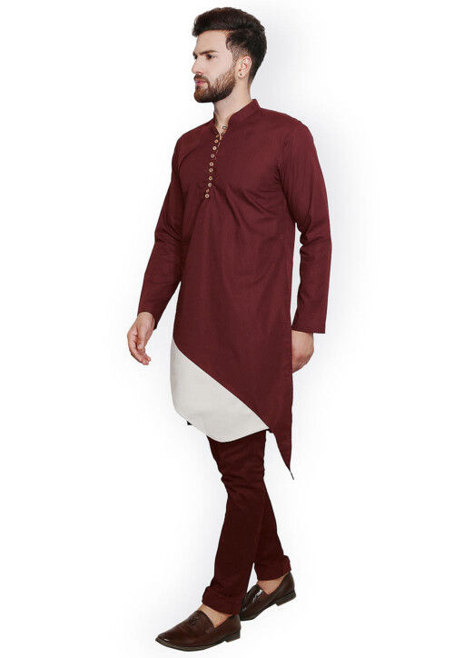Solid Color Cotton Asymmetric Kurta in Maroon