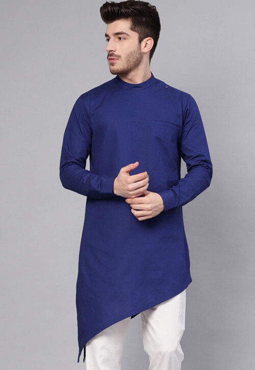 Buy Solid Color Cotton Asymmetric Kurta in Navy Blue Online MBS38 Utsav Fashion