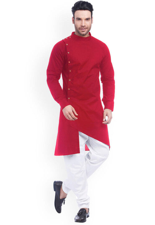 Solid Color Cotton Asymmetric Kurta in Red