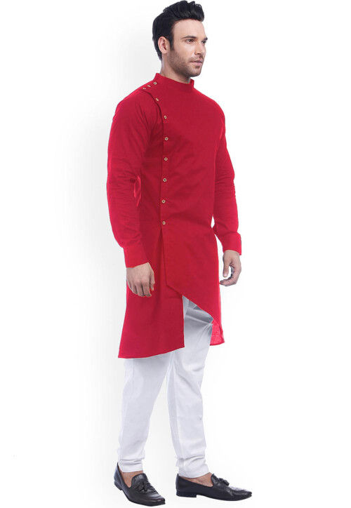 Solid Color Cotton Asymmetric Kurta in Red