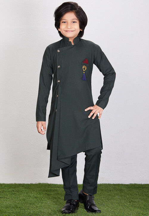 Solid Color Cotton Asymmetric Kurta Set in Dark Green
