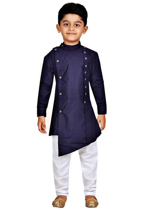 Solid Color Cotton Asymmetric Kurta Set in Navy Blue