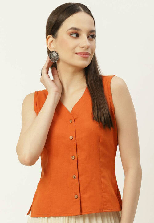 Solid Color Cotton Blouse in Orange