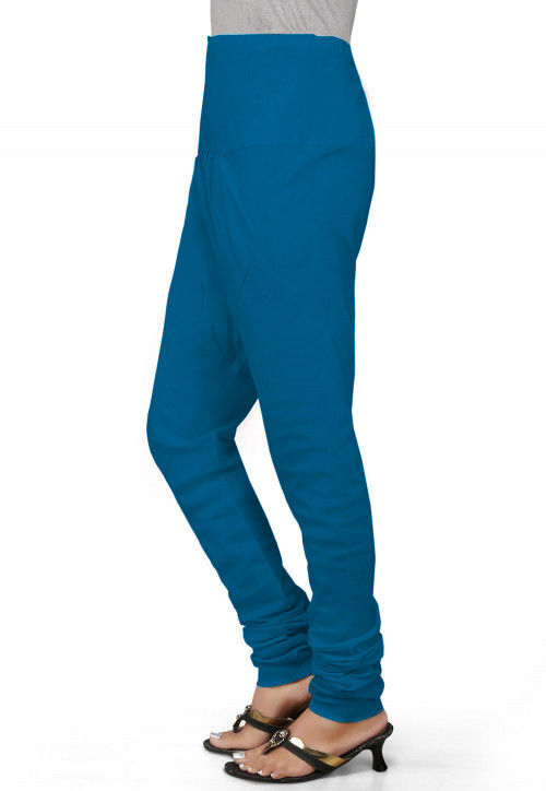 Solid Color Cotton Churidar in Teal Blue