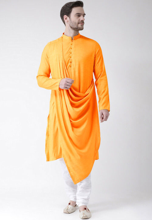 Solid Color Cotton Cowl Style Kurta Set in Yellow