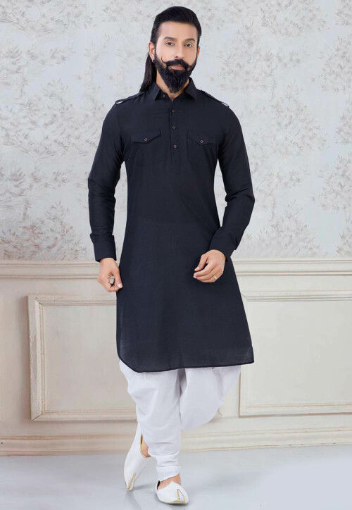 Buy Solid Color Cotton Dhoti Kurta in Black Online MUY337