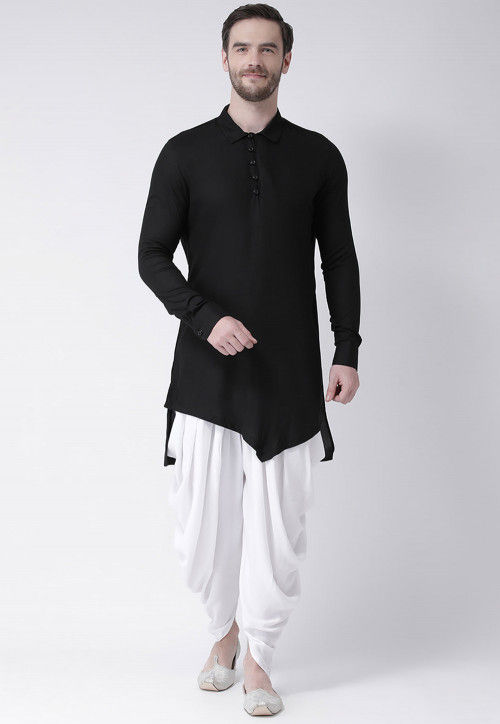 Solid Color Cotton Dhoti Kurta in Black : MVE1794