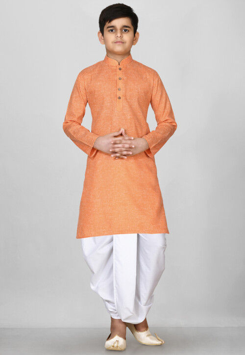 Solid Color Cotton Dhoti Kurta in Peach